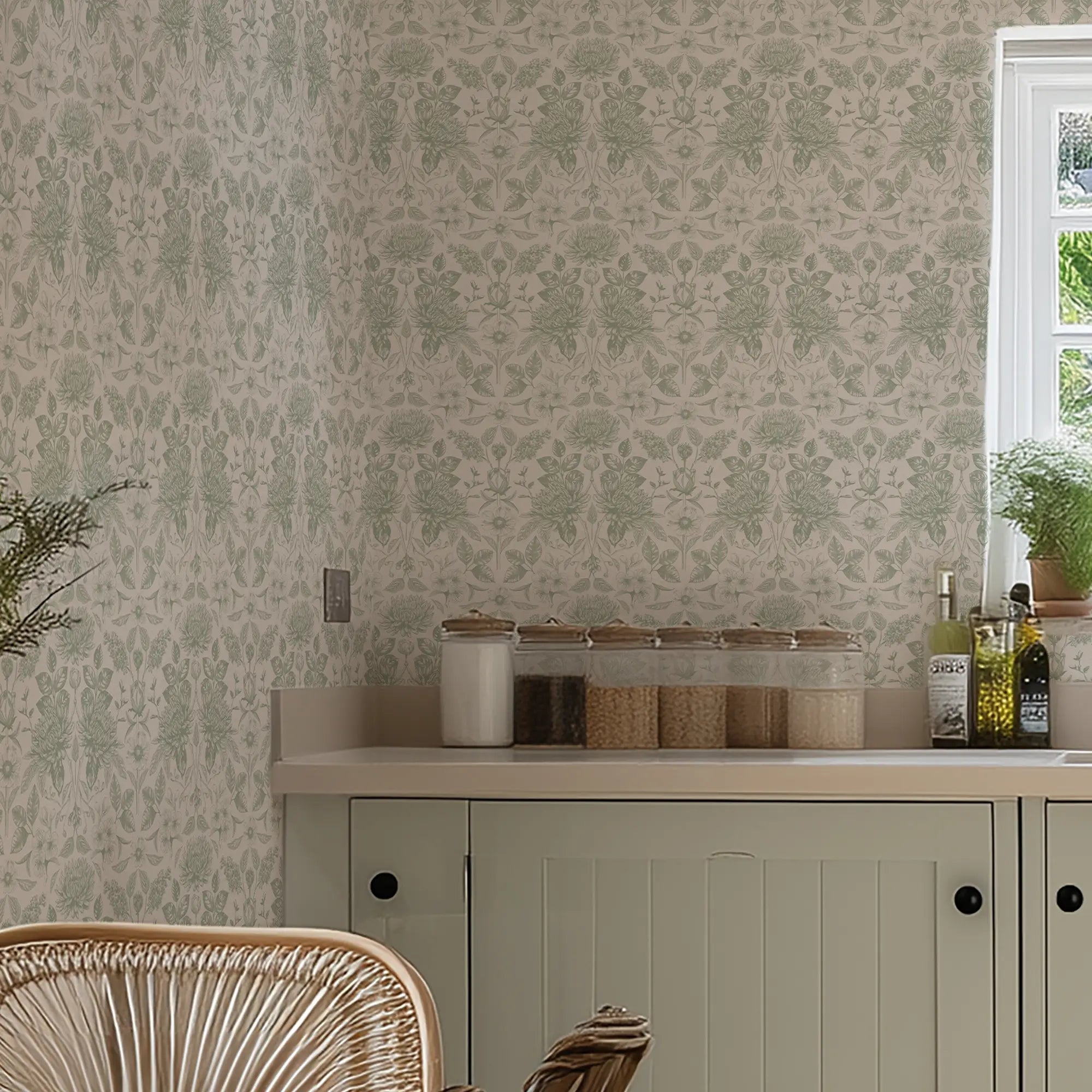Eleanora Wallpaper in Sage on Milk Foam