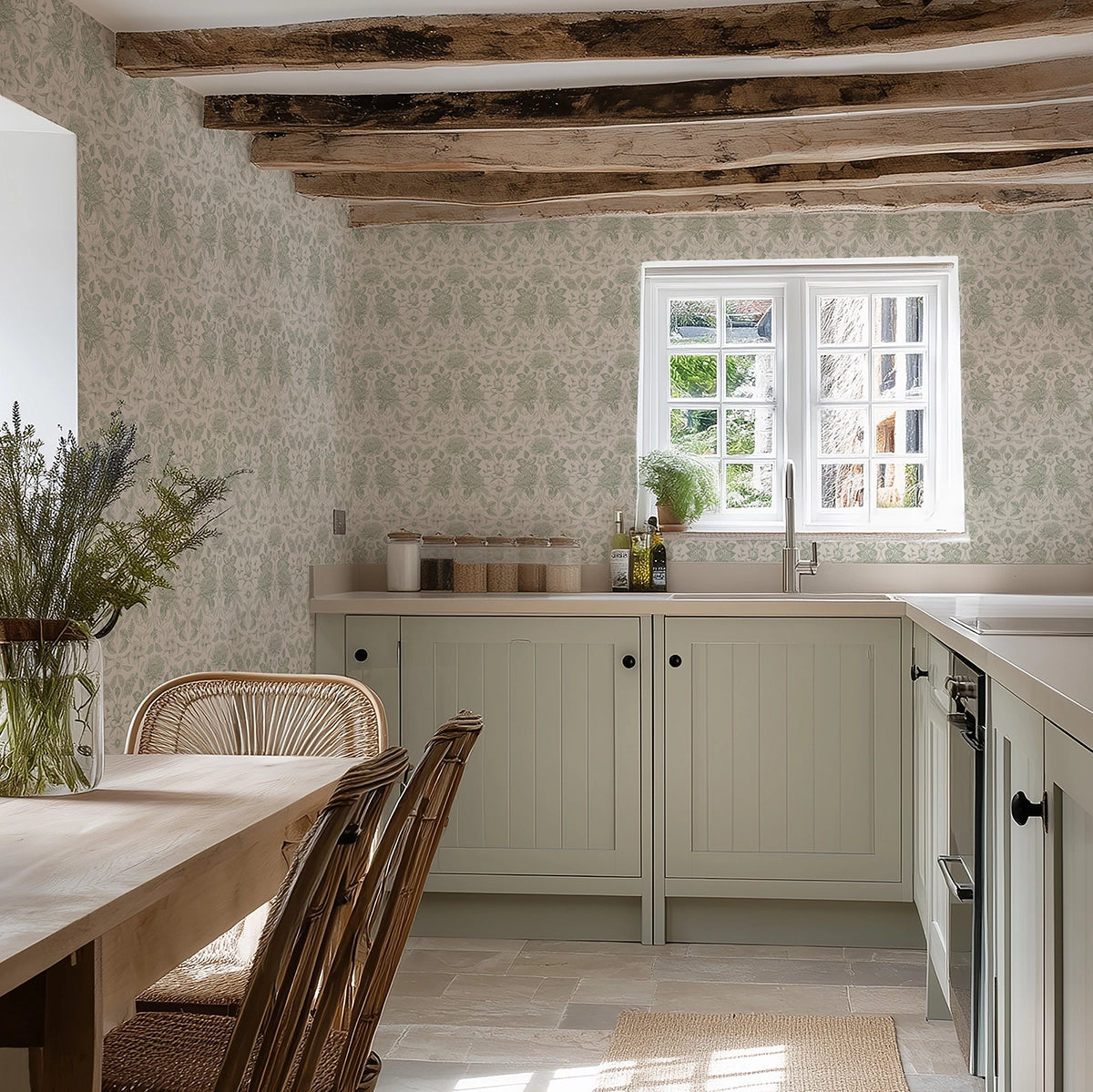 Eleanora Wallpaper in Sage on Milk Foam