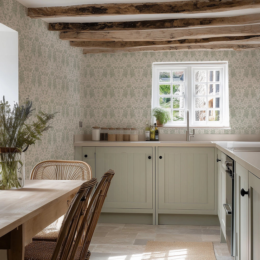 Eleanora Wallpaper in Sage on Milk Foam