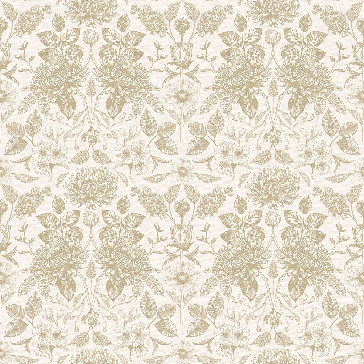 Wallpaper pattern with beige flowers and leaves on a cream background.