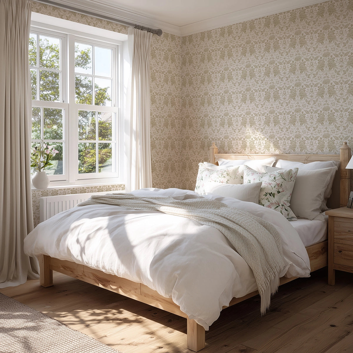 Bedroom with a wooden bed, white bedding, and floral wallpaper in beige.
