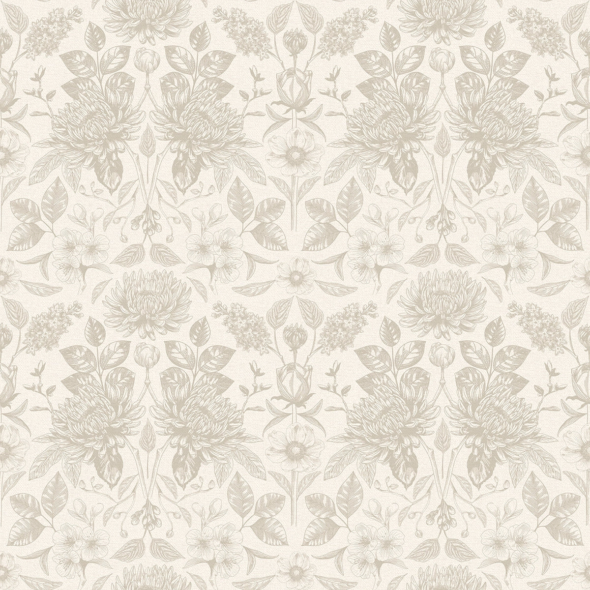 Floral patterned wallpaper with light beige flowers and leaves on a cream background.