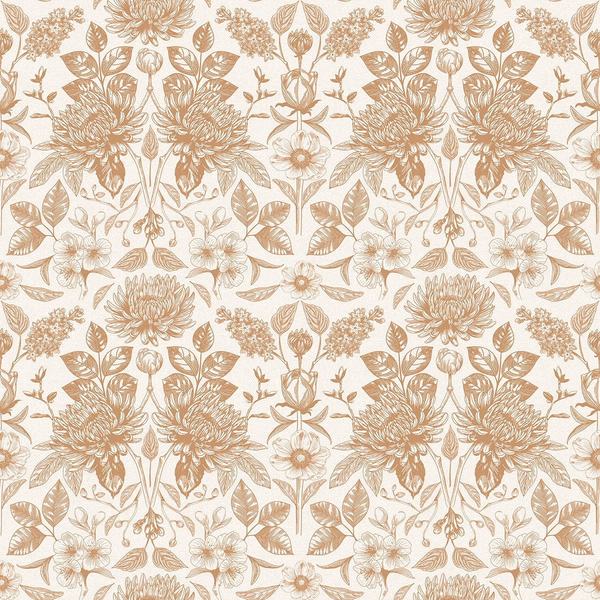Wallpaper pattern of flowers and leaves in terracotta on a cream background.