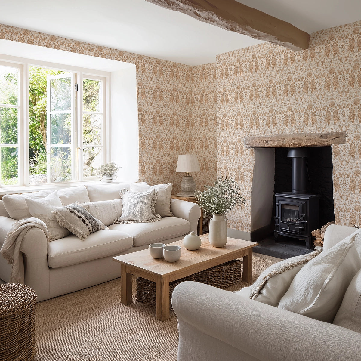 Cosy living room with floral wallpaper in terracotta, beige sofas, a wooden coffee table, and a fireplace.