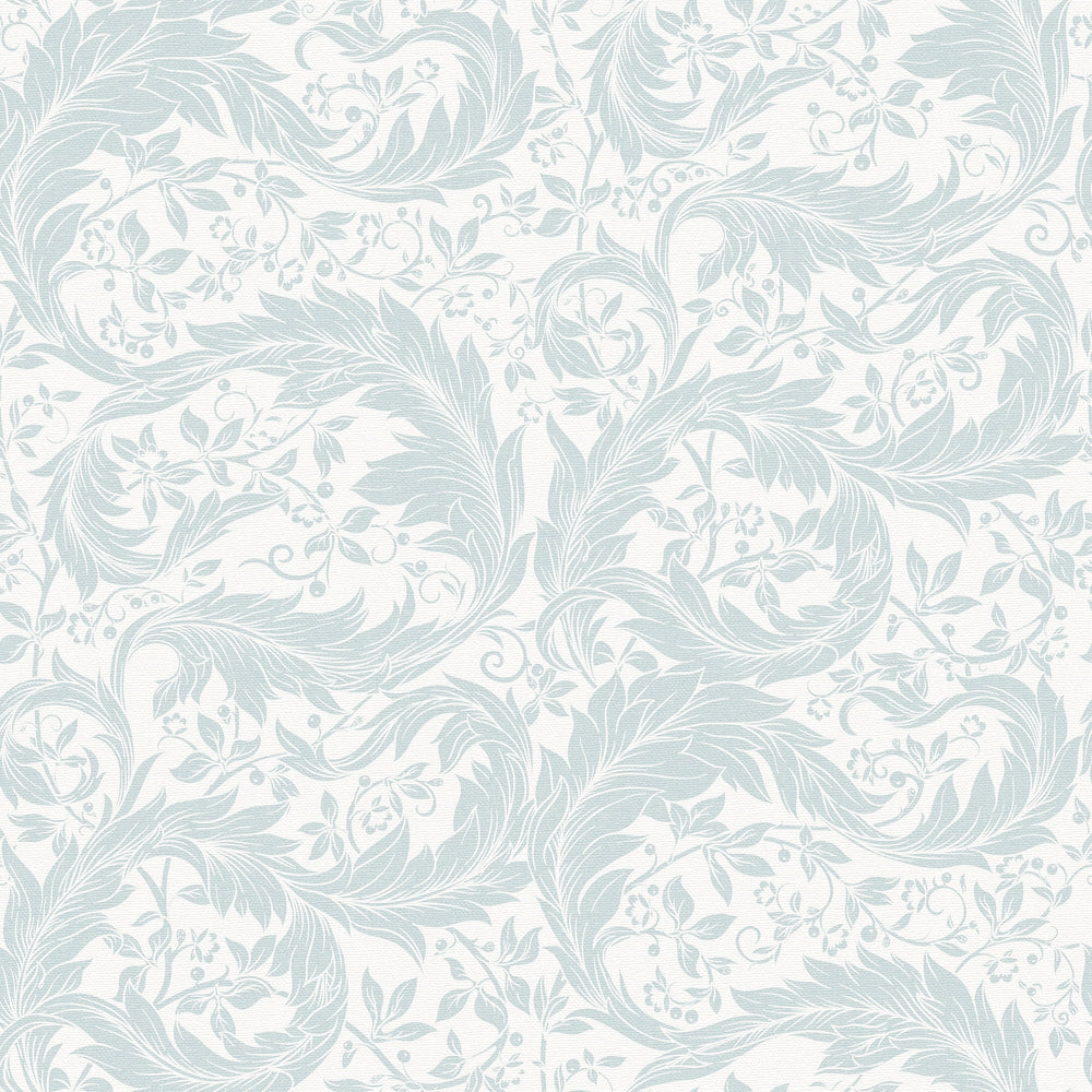 Enchanted Leaf Wallpaper in Light Blue on Milk White