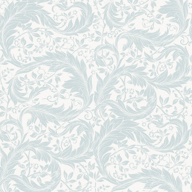 Enchanted Leaf Wallpaper in Light Blue on Milk White
