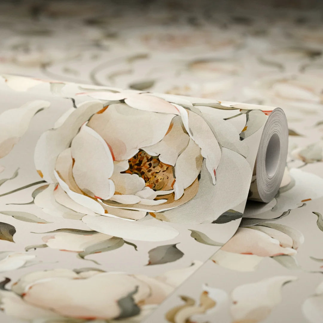 Enchanted Roses Wallpaper in Blush on Castle Stone