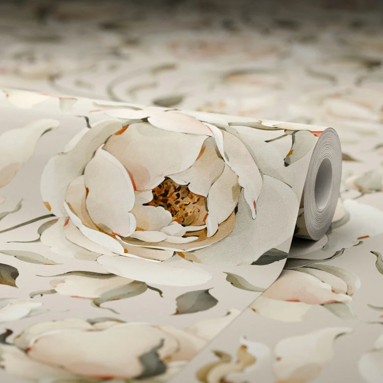 Enchanted Roses Wallpaper in Blush on Castle Stone