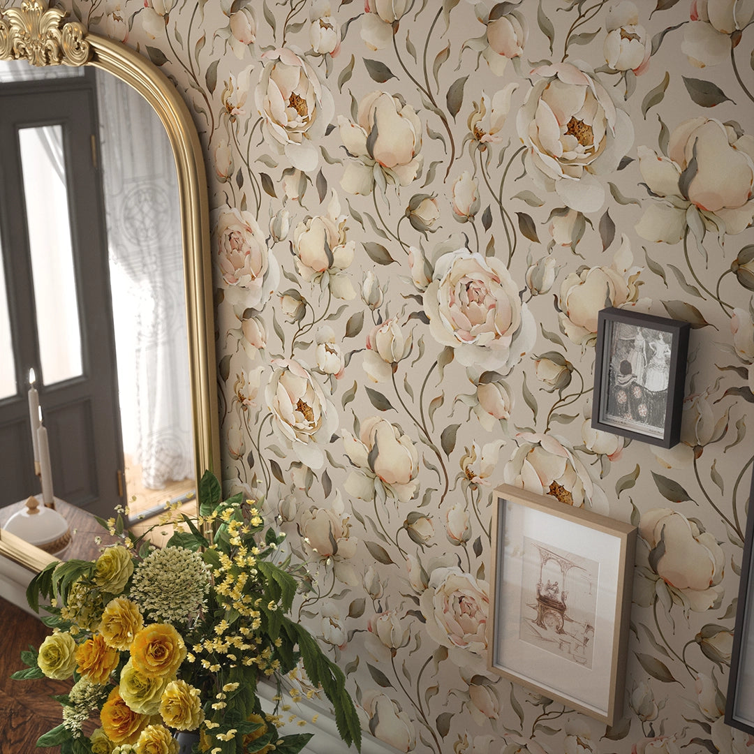 Enchanted Roses Wallpaper in Blush on Castle Stone