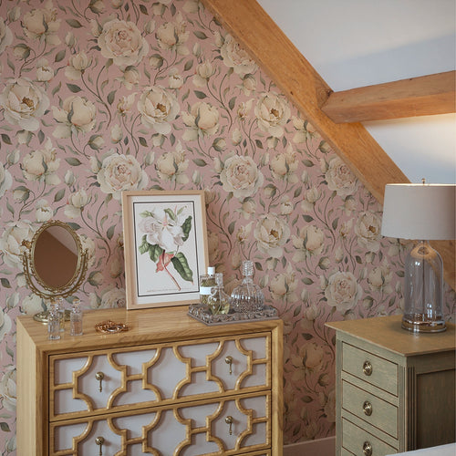 Enchanted Roses Wallpaper in Blush on Dusky Pink