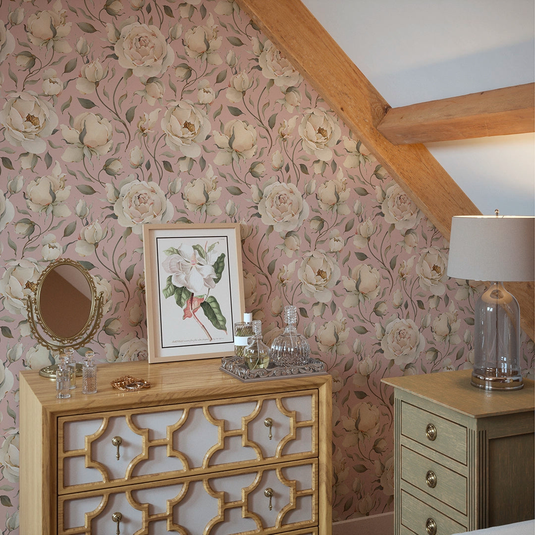 Enchanted Roses Wallpaper in Blush on Dusky Pink – Lucie Annabel