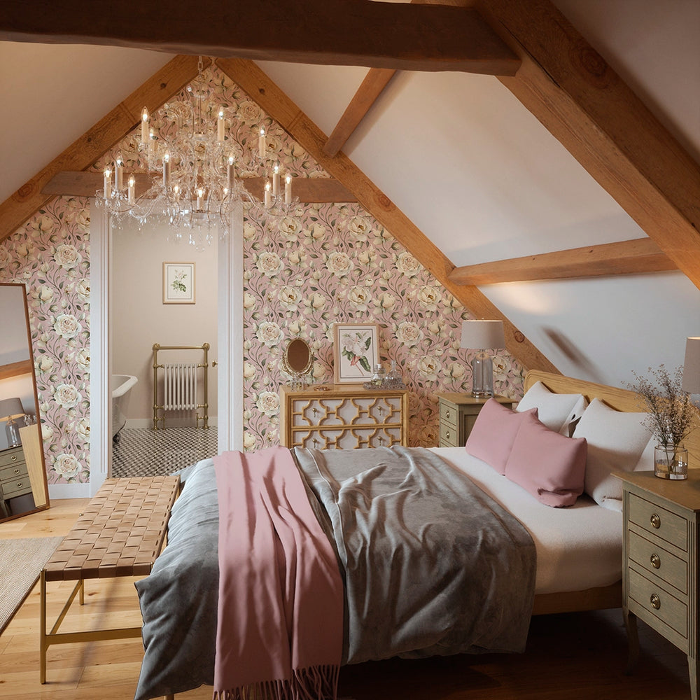 Enchanted Roses Wallpaper in Blush on Dusky Pink