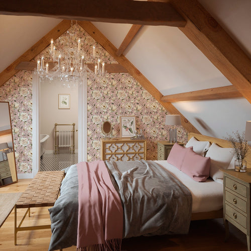 Enchanted Roses Wallpaper in Blush on Dusky Pink