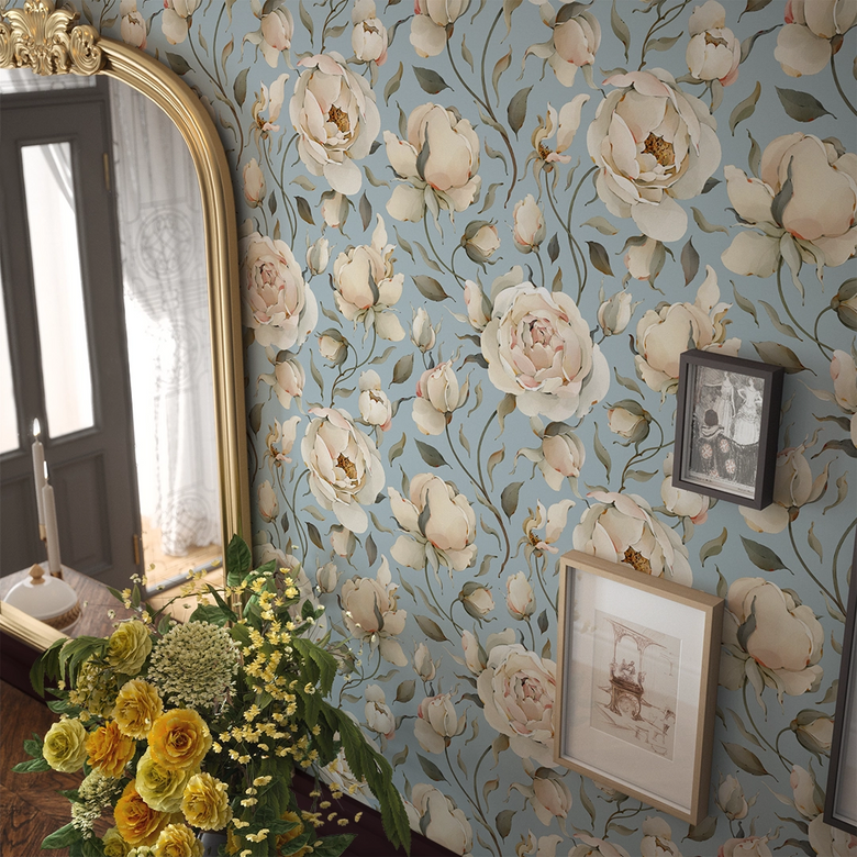 Enchanted Roses Wallpaper in Blush on Mineral Mist