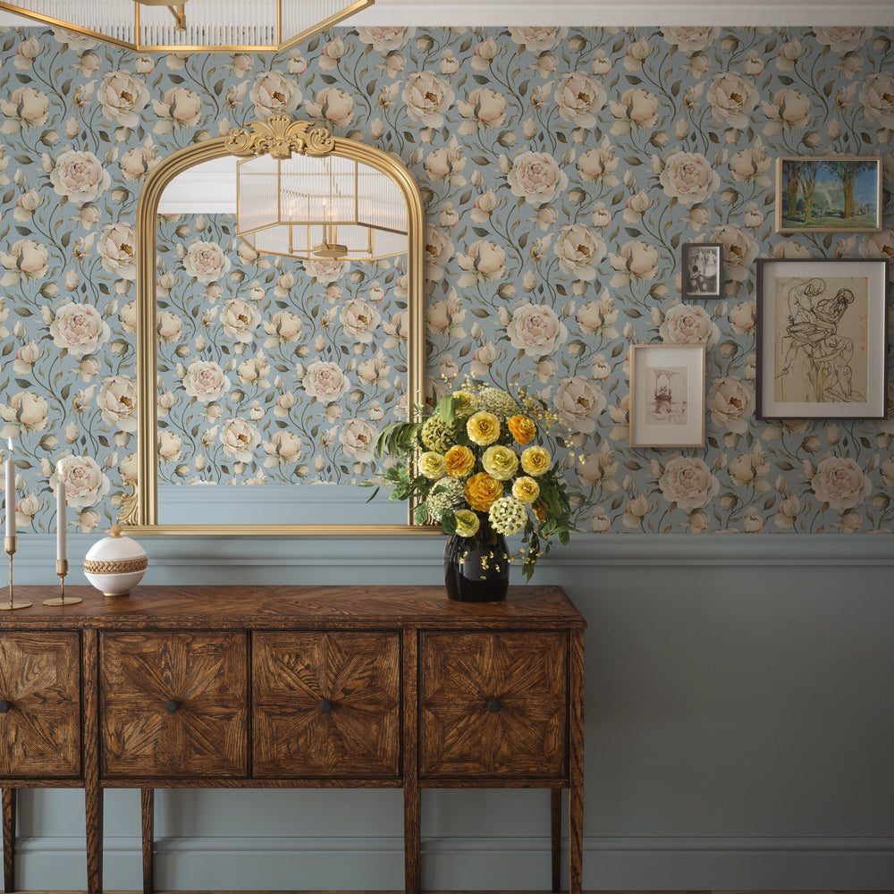 Enchanted Roses Wallpaper in Blush on Mineral Mist