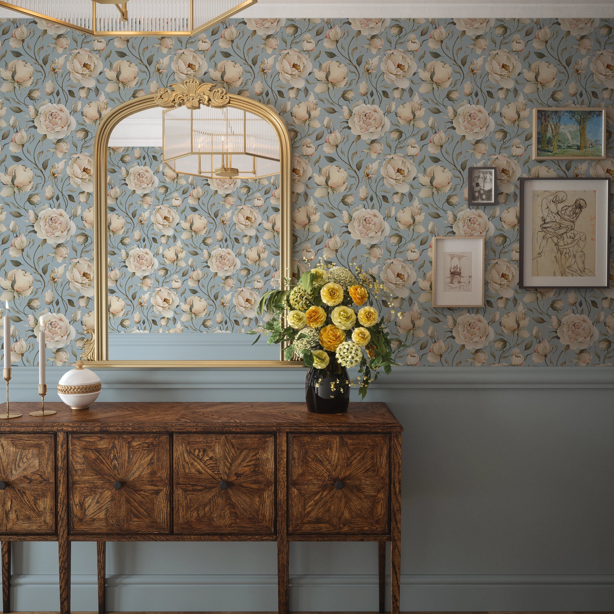 Enchanted Roses Wallpaper in Blush on Mineral Mist