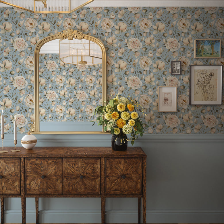 Enchanted Roses Wallpaper in Blush on Mineral Mist