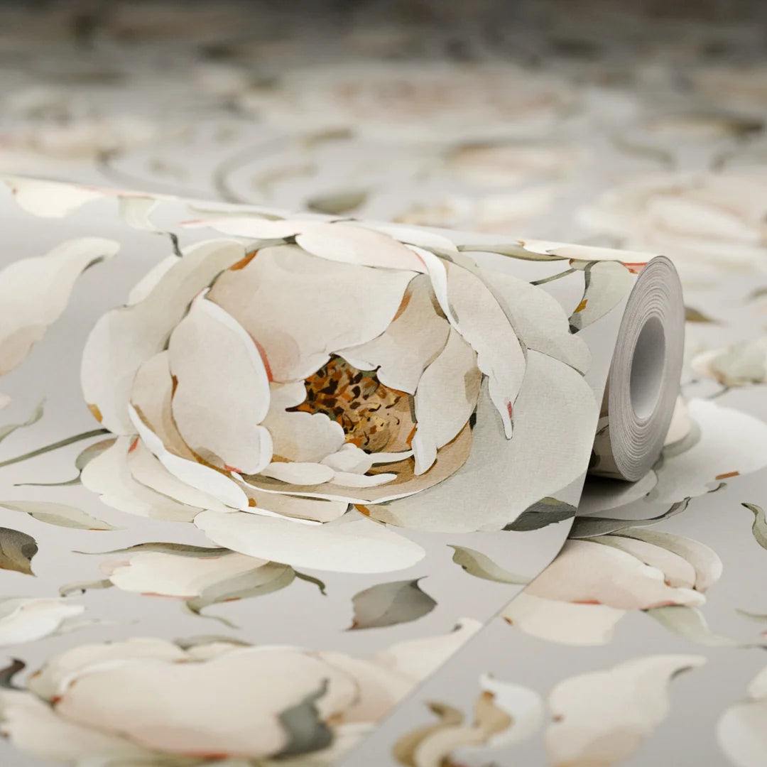 Enchanted Roses Wallpaper in Blush on Vintage Grey