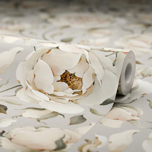 Enchanted Roses Wallpaper in Blush on Vintage Grey