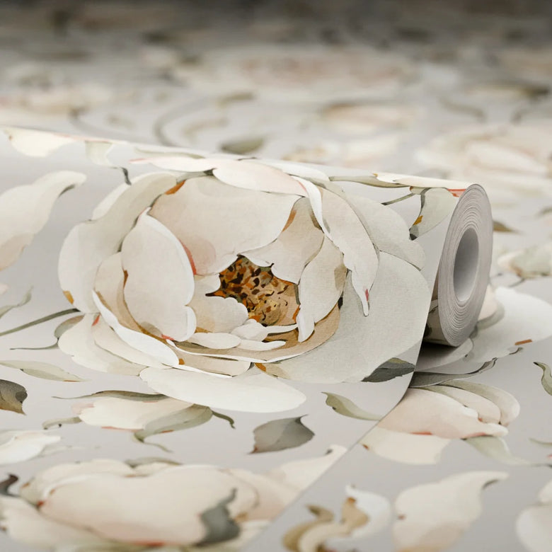 Enchanted Roses Wallpaper in Blush on Vintage Grey