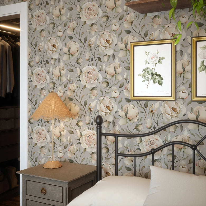 Enchanted Roses Wallpaper in Blush on Vintage Grey