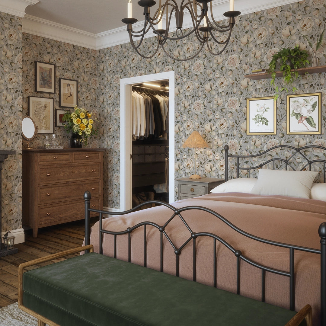 Enchanted Roses Wallpaper in Blush on Vintage Grey