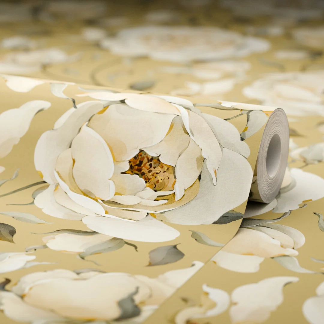 Enchanted Roses Wallpaper in Ivory on Antique Gold