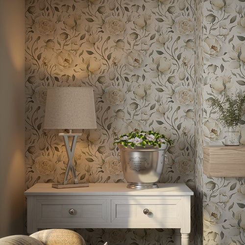 Enchanted Roses Wallpaper in Ivory on Vintage Cream