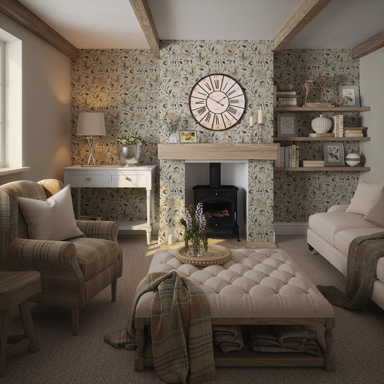 Enchanted Roses Wallpaper in Ivory on Vintage Cream