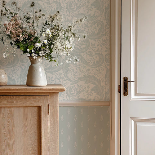 Enchanted Leaf Wallpaper in Light Blue on Milk White