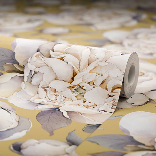 English Garden Peonies Wallpaper in Antique Gold