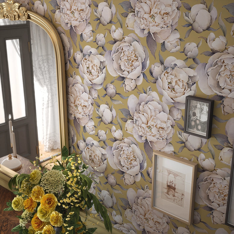 English Garden Peonies Wallpaper in Antique Gold