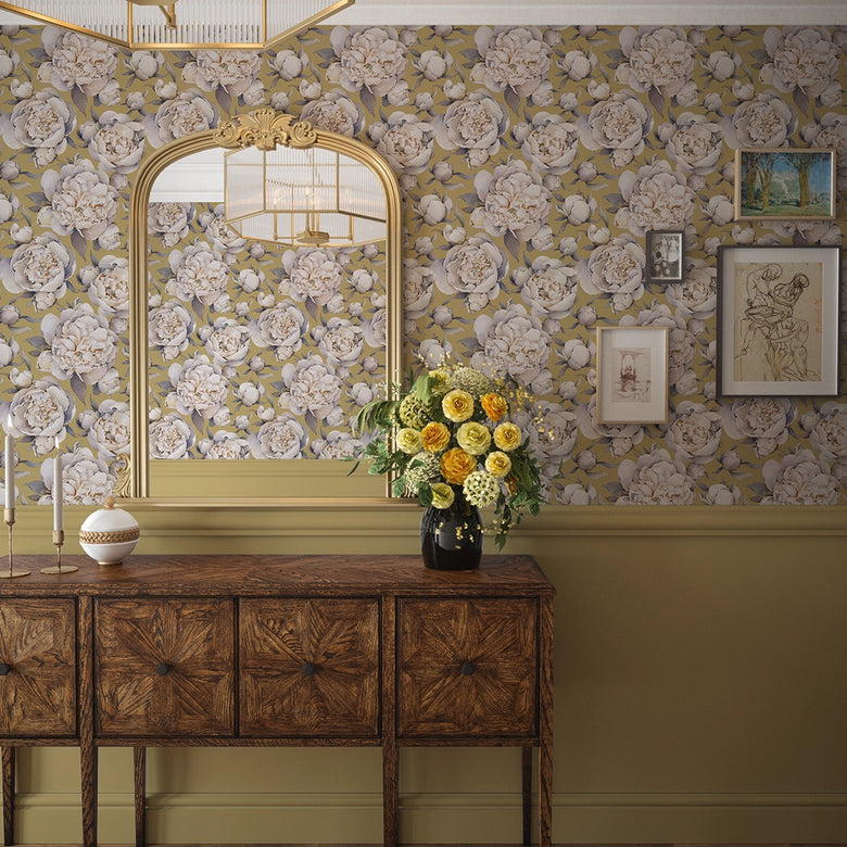 English Garden Peonies Wallpaper in Antique Gold