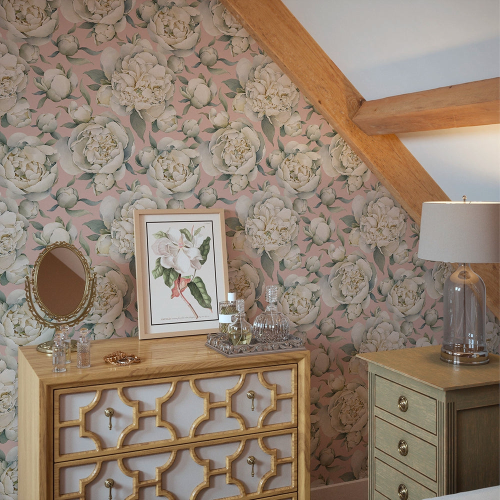 English Garden Peonies Wallpaper in Dusty Pink