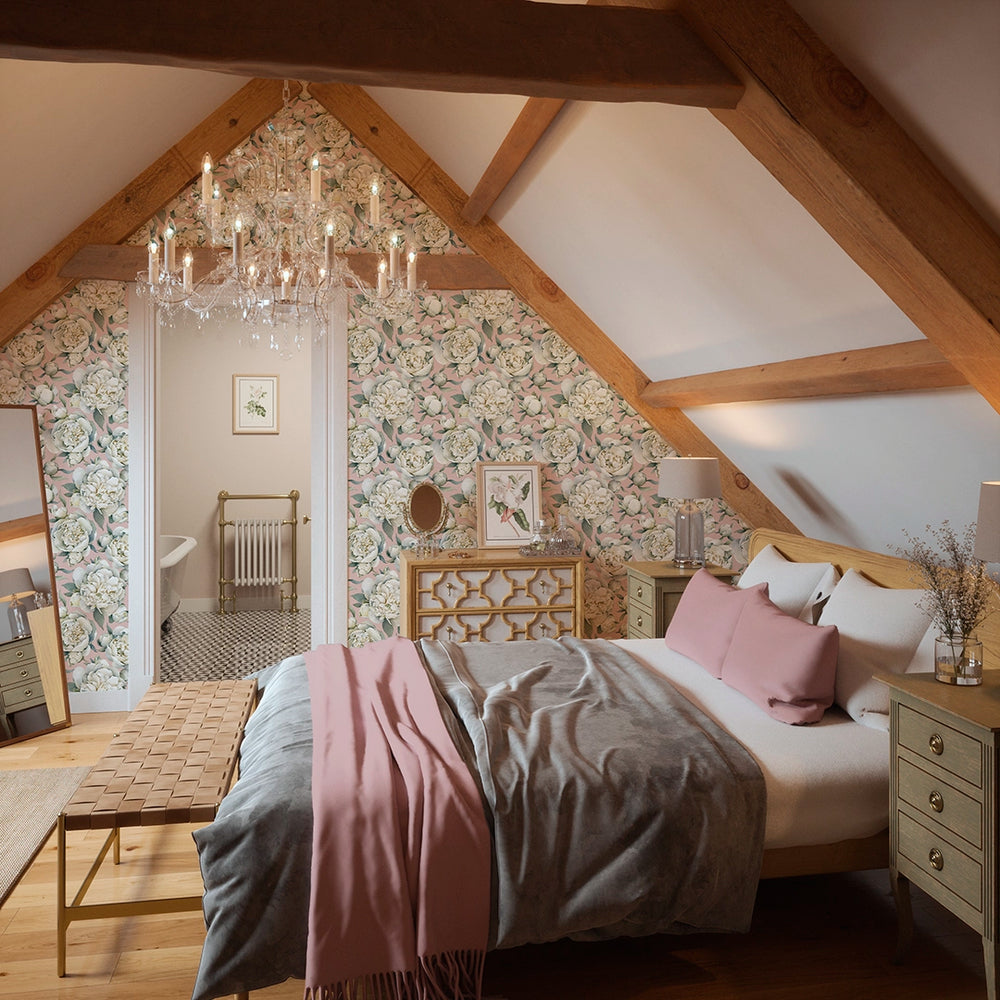 English Garden Peonies Wallpaper in Dusty Pink