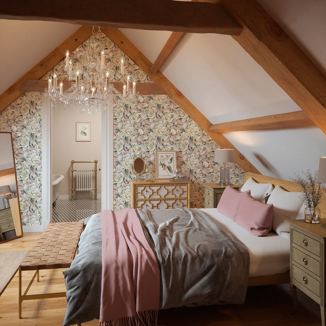 English Garden Peonies Wallpaper in Dusty Pink