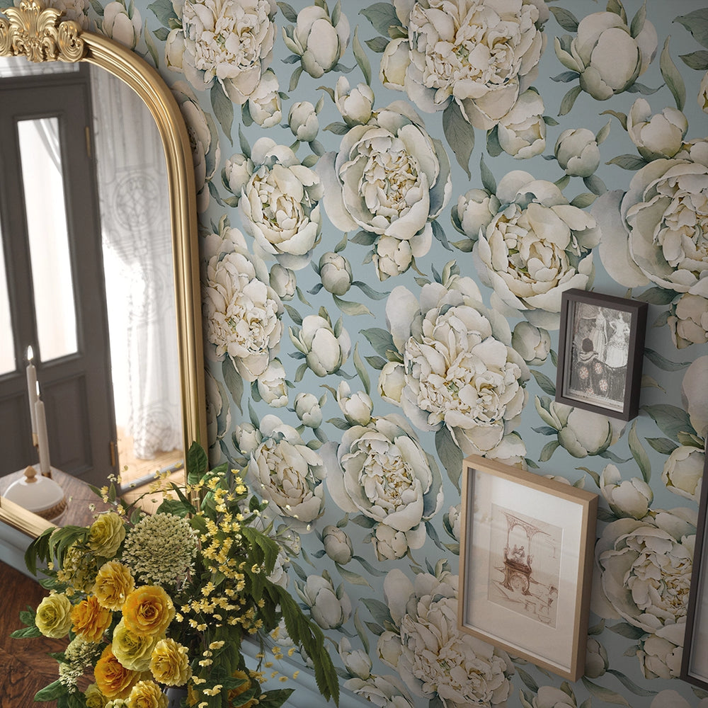 English Garden Peonies Wallpaper in Mineral Mist