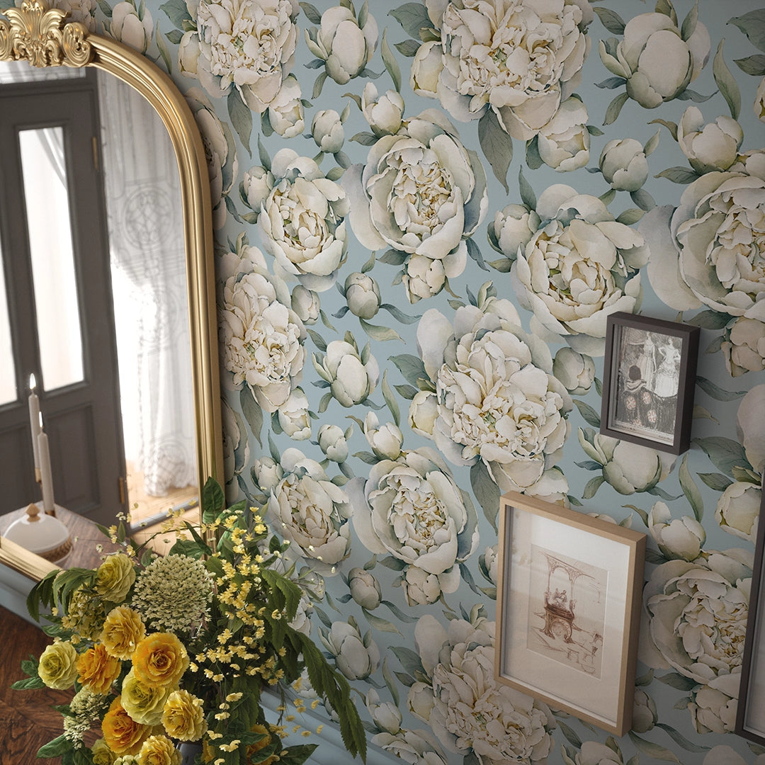 English Garden Peonies Wallpaper in Mineral Mist