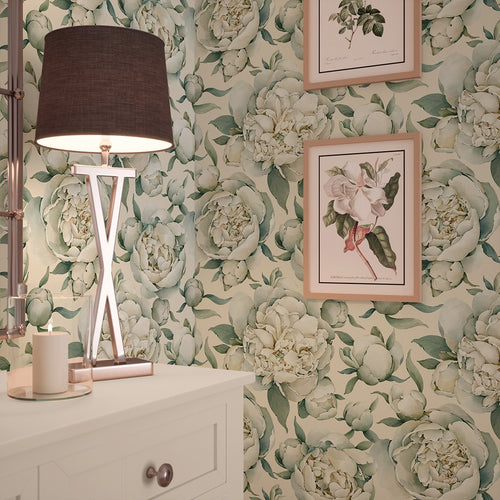 English Garden Peonies Wallpaper in Vintage Cream