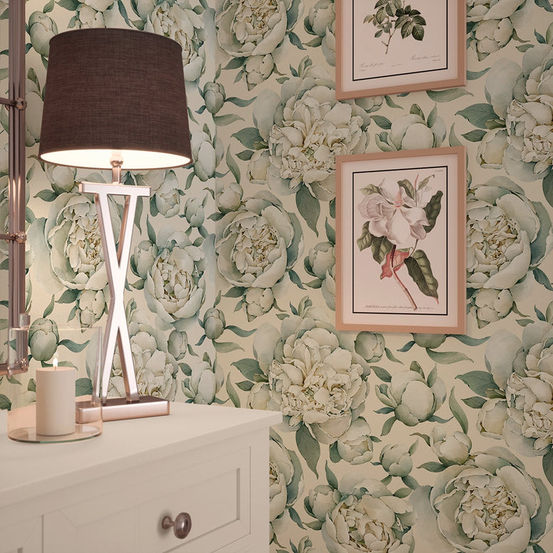 English Garden Peonies Wallpaper in Vintage Cream