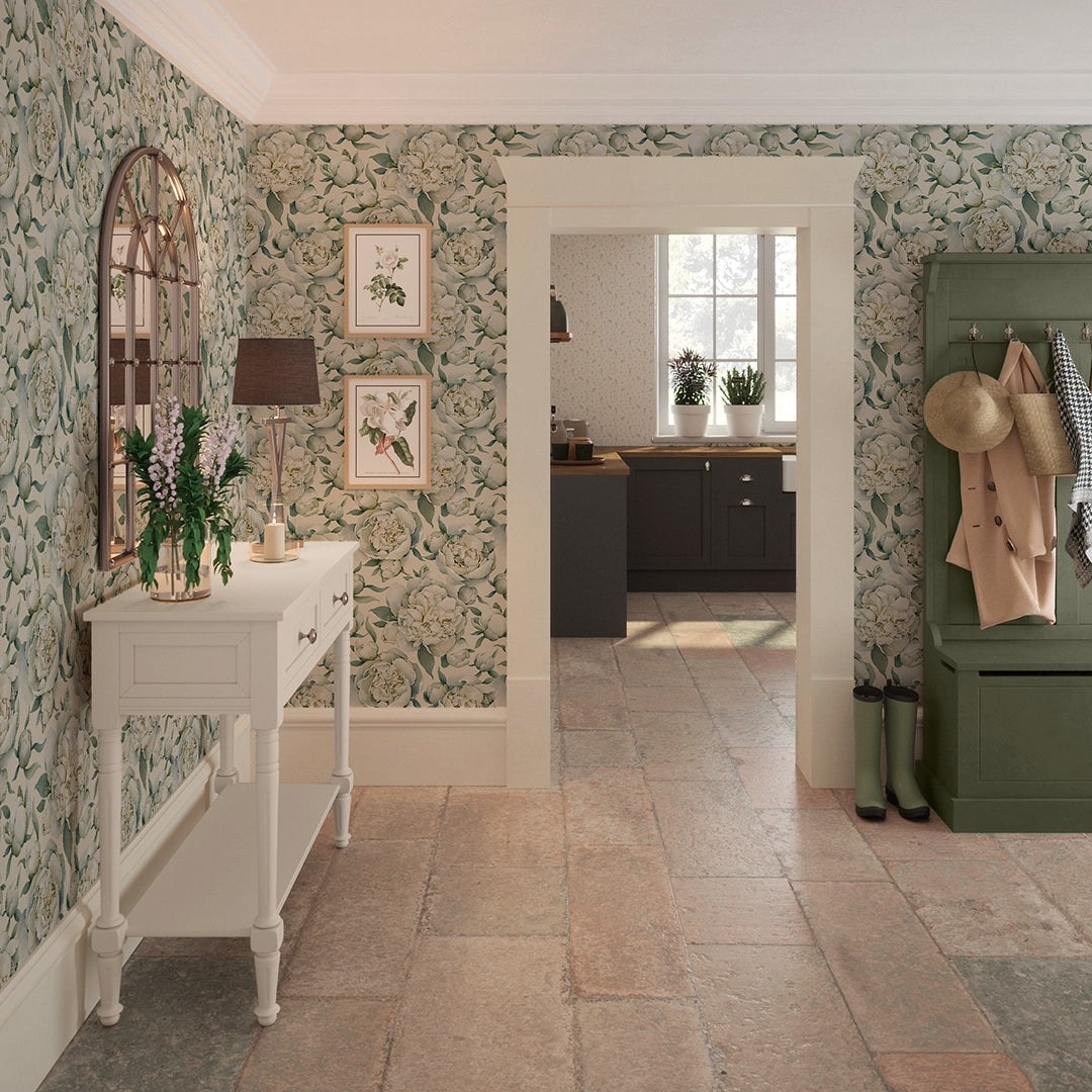 English Garden Peonies Wallpaper in Vintage Cream