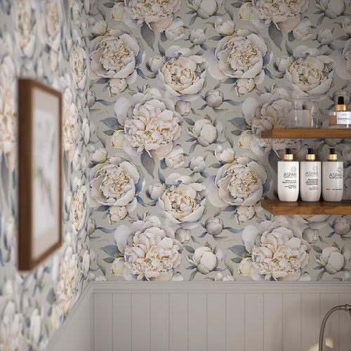 English Garden Peonies Wallpaper in Vintage Grey
