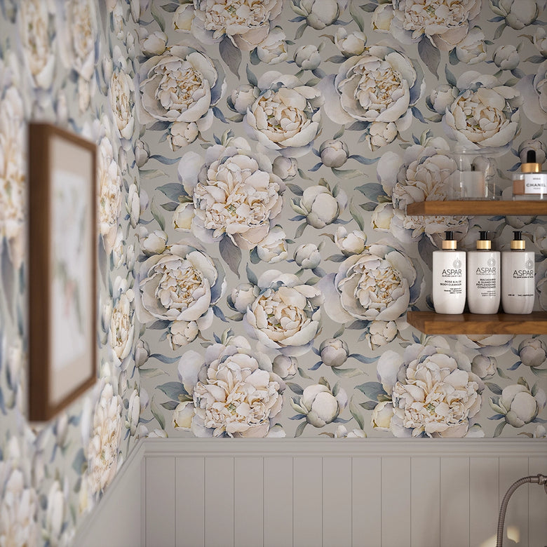 English Garden Peonies Wallpaper in Vintage Grey