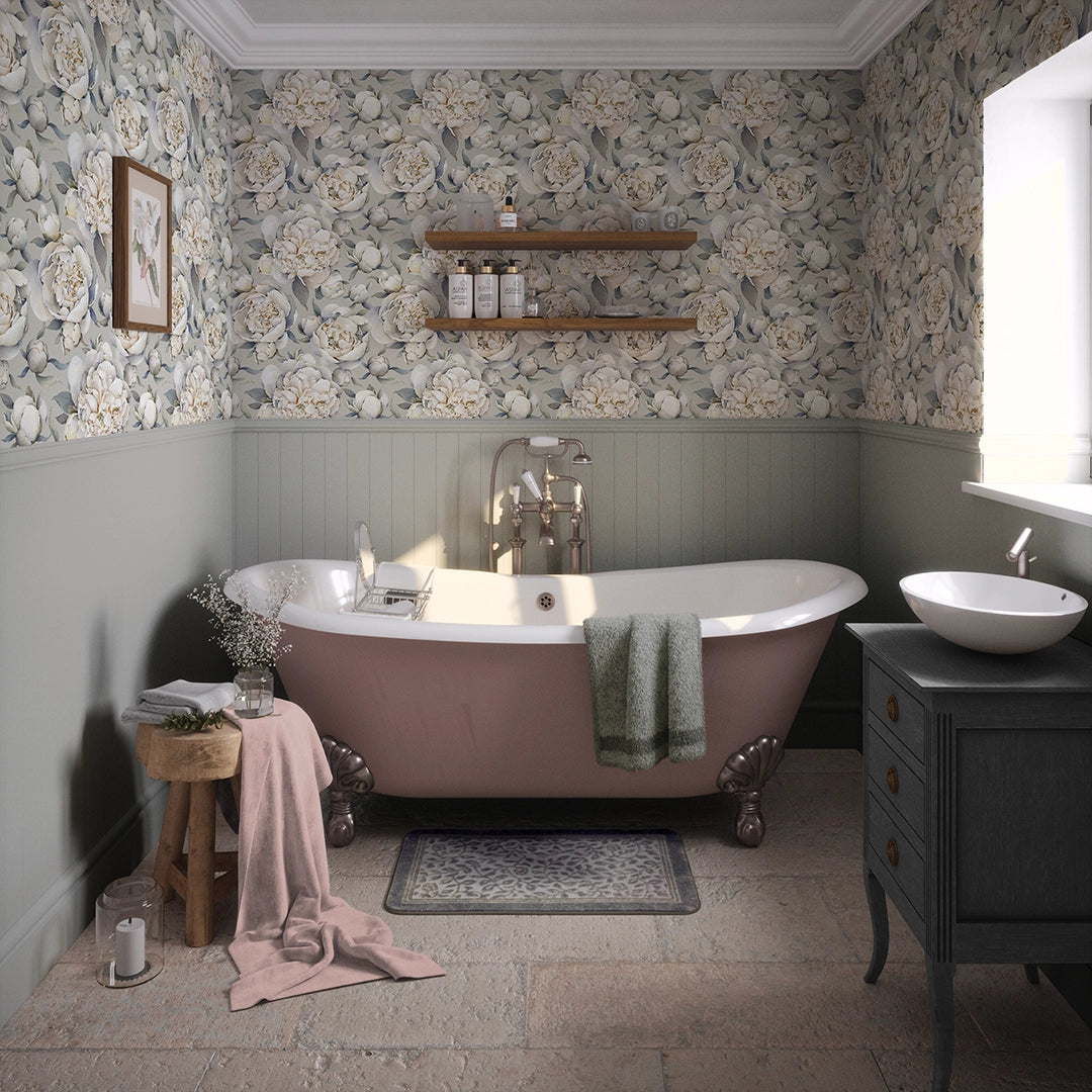 English Garden Peonies Wallpaper in Vintage Grey