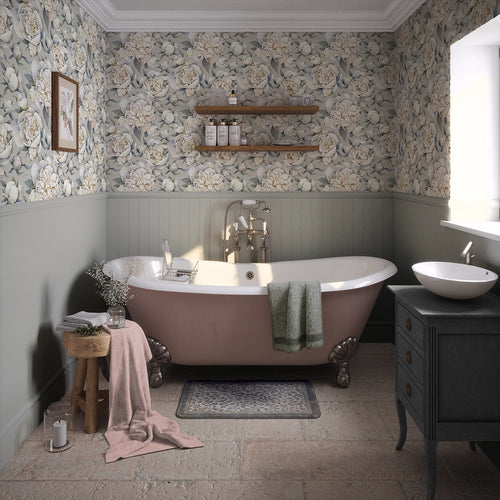 English Garden Peonies Wallpaper in Vintage Grey
