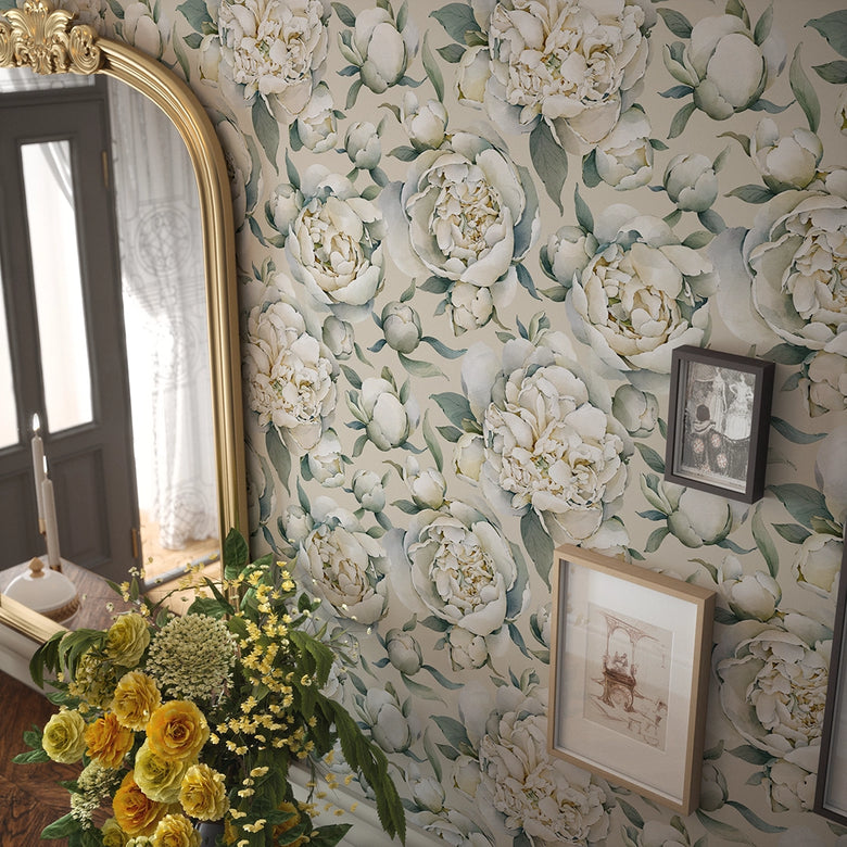 English Garden Peonies Wallpaper in Castle Stone