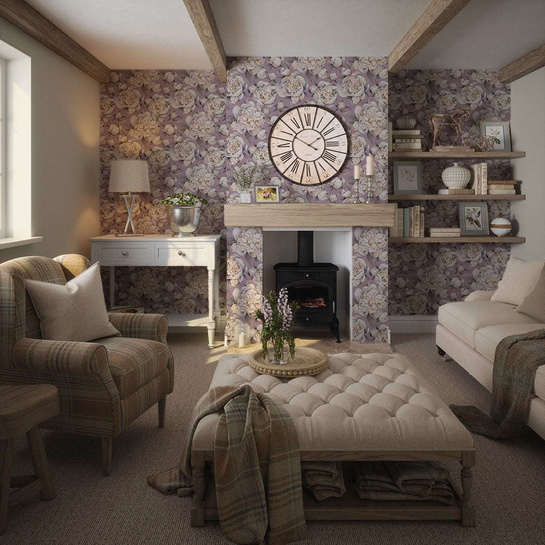 English Garden Peonies Wallpaper in English Lavender