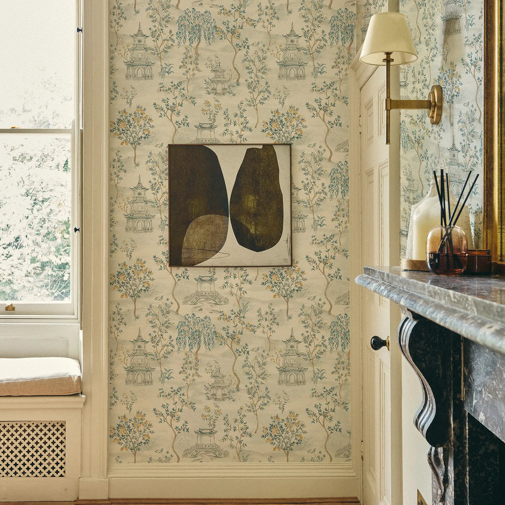 Feng Shui Wallpaper in Blues and Lemon