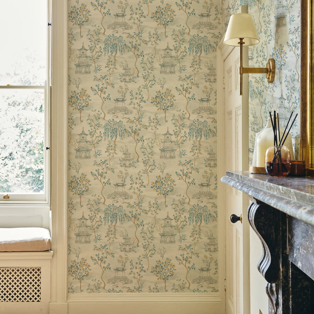 Feng Shui Wallpaper in Blues and Lemon