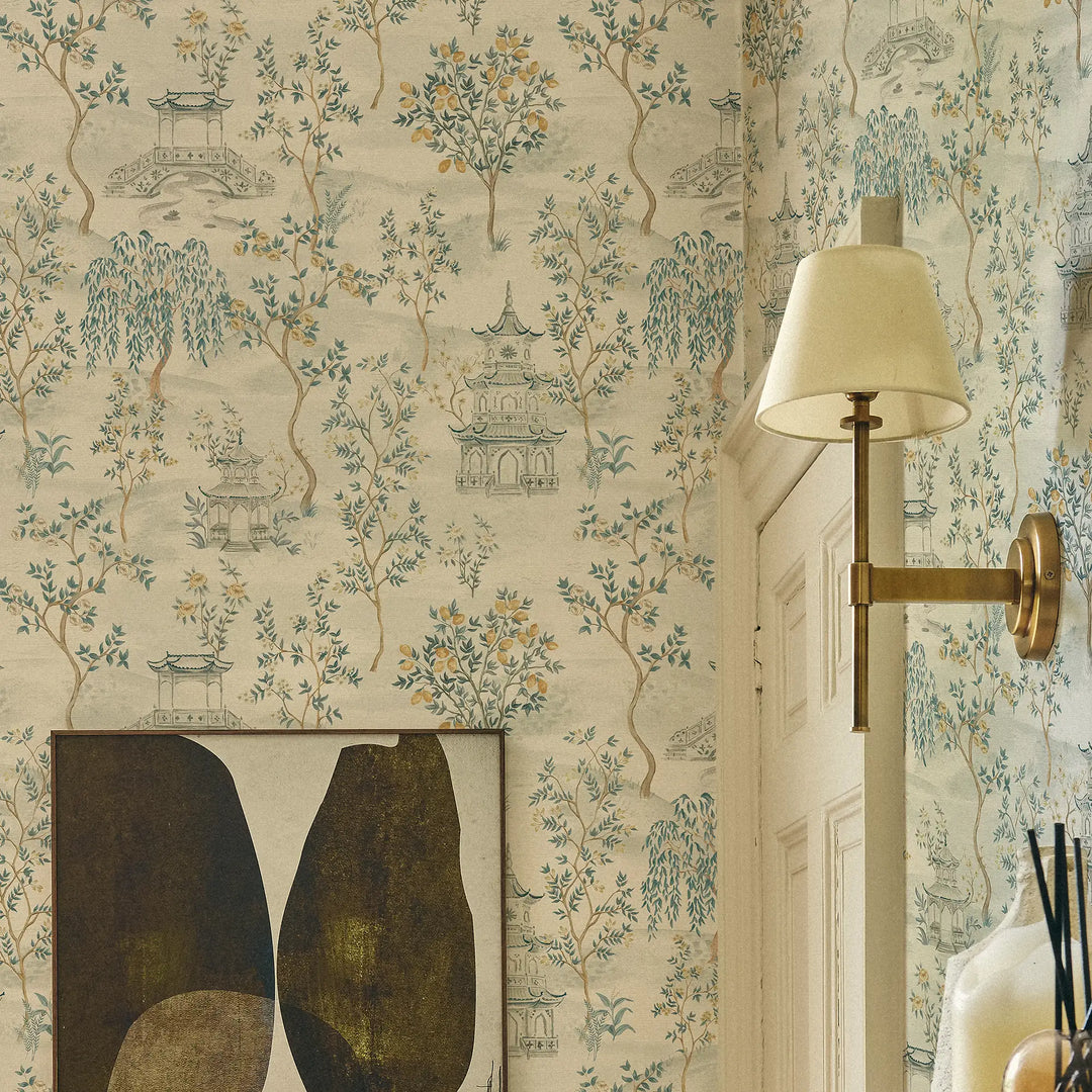 Feng Shui Wallpaper in Blues and Lemon